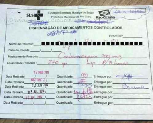 Foto de um documento para controle da retirada de medicamentos, postada por um paciente na rede social Facebook