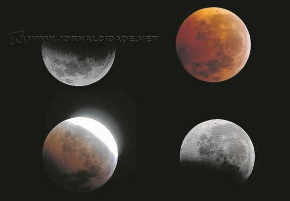 Durante as fases do eclipse lunar total, a Lua ficará com aspecto avermelhado/alaranjado