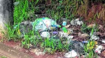 Foto mostra resíduos espalhados próximos à lixeira e em calçada no Jardim São Paulo