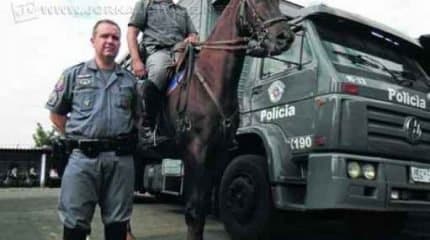Sargento Marucci (em pé) e soldado Benites compõem a equipe do Grupamento de Polícia Montada