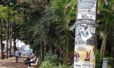 Postes de iluminação pública com vários cartazes no cruzamento da Rua 4 com a Avenida 2