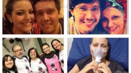 Claudia Rodrigues com o marido Fernando, os amigos e em uma das internações. As fotos foram tiradas do site da campanha