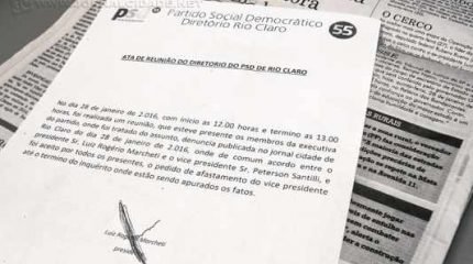 Na imagem, ata enviada pelo diretório do PSD de Rio Claro, após reportagem publicada pelo Jornal Cidade