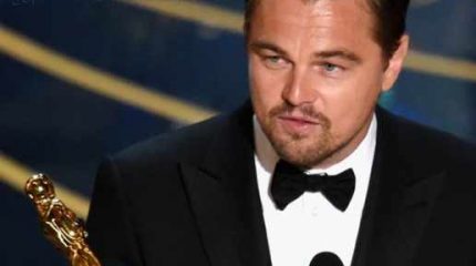Leonardo DiCaprio em seu discurso após ganhar o Oscar de Melhor Ator (imagem: reprodução)