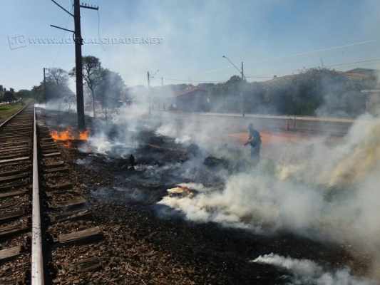 O fogo chegou a atingir até a madeira da linha férrea