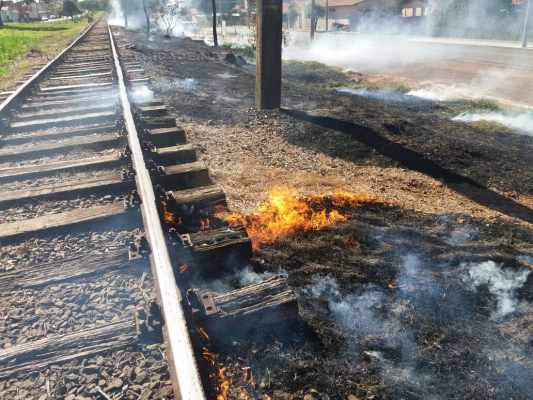 O fogo chegou a atingir até a madeira da linha férrea