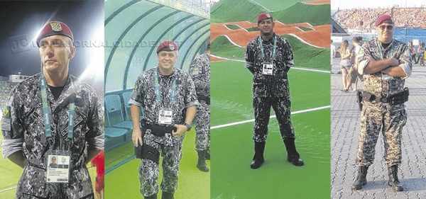 Da esquerda para a direita, os oficiais de segurança de Rio Claro que atuaram no efetivo de segurança das Olimpíadas: policial rodoviário Murilo, bombeiro Gilmarcio e os policiais militares Tomasini e Sérgio