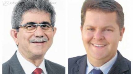 O prefeito atual Palmínio Altimari Filho, o Du Altimari, do PMDB, e o prefeito eleito João Teixeira Júnior, do Democratas