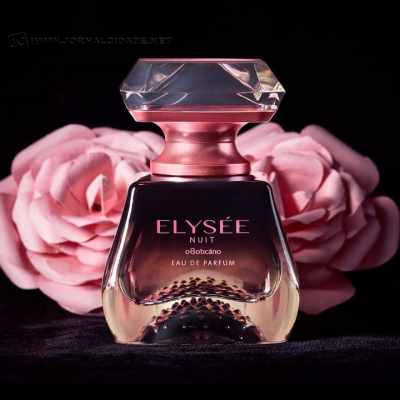 Eau de parfum Elysée Nuit combina rosas damascenas, colhidas em seu momento de maior beleza e perfumação, com o adocicado dos macarrons