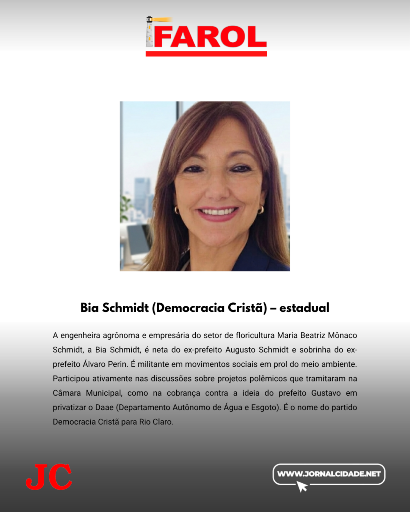 A engenheira agrônoma e empresária do setor de floricultura Maria Beatriz Mônaco Schmidt, a Bia Schmidt, é neta do ex-prefeito Augusto Schmidt e sobrinha do ex-prefeito Álvaro Perin. É militante em movimentos sociais em prol do meio ambiente. Participou ativamente nas discussões sobre projetos polêmicos que tramitaram na Câmara Municipal, como na cobrança contra a ideia do prefeito Gustavo em privatizar o Daae (Departamento Autônomo de Água e Esgoto). É o nome do partido Democracia Cristã para Rio Claro.