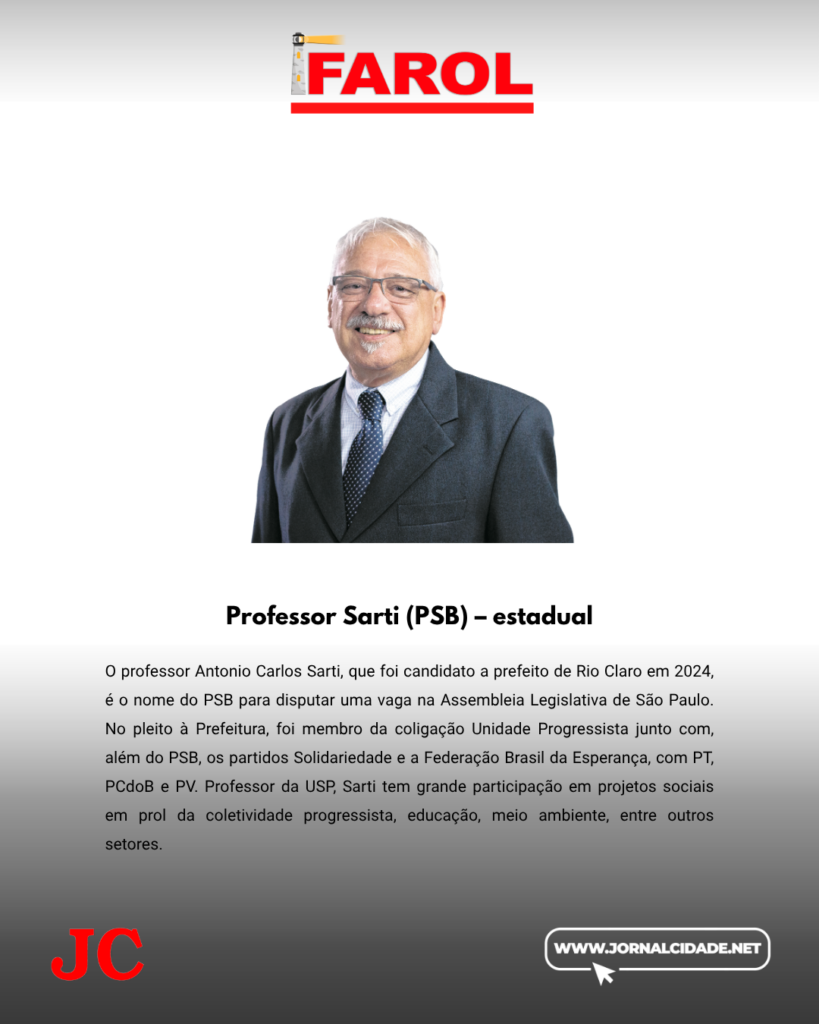 O professor Antonio Carlos Sarti, que foi candidato a prefeito de Rio Claro em 2024, é o nome do PSB para disputar uma vaga na Assembleia Legislativa de São Paulo. No pleito à Prefeitura, foi membro da coligação Unidade Progressista junto com, além do PSB, os partidos Solidariedade e a Federação Brasil da Esperança, com PT, PCdoB e PV. Professor da USP, Sarti tem grande participação em projetos sociais em prol da coletividade progressista, educação, meio ambiente, entre outros setores.
