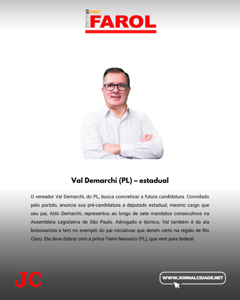 O vereador Val Demarchi, do PL, busca concretizar a futura candidatura. Convidado pelo partido, anuncia sua pré-candidatura a deputado estadual, mesmo cargo que seu pai, Aldo Demarchi, representou ao longo de sete mandatos consecutivos na Assembleia Legislativa de São Paulo. Advogado e técnico, Val também é da ala bolsonarista e tem no exemplo do pai iniciativas que deram certo na região de Rio Claro. Ele deve dobrar com a prima Tiemi Nevoeiro (PL), que vem para federal.