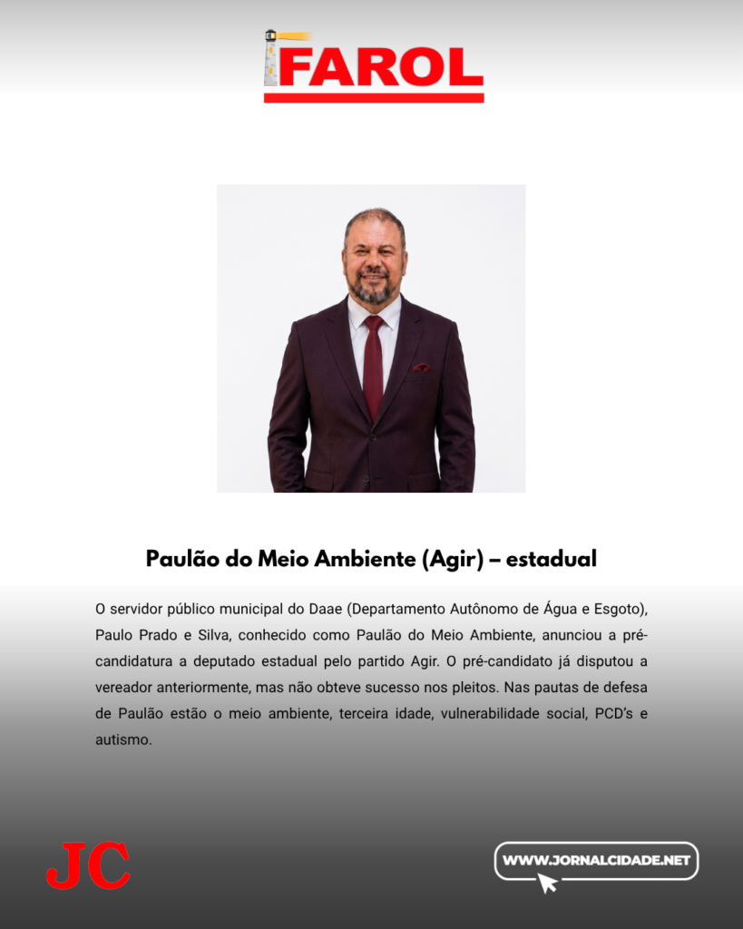 O servidor público municipal do Daae (Departamento Autônomo de Água e Esgoto), Paulo Prado e Silva, conhecido como Paulão do Meio Ambiente, anunciou a pré-candidatura a deputado estadual pelo partido Agir. O pré-candidato já disputou a vereador anteriormente, mas não obteve sucesso nos pleitos. Nas pautas de defesa de Paulão estão o meio ambiente, terceira idade, vulnerabilidade social, PCD’s e autismo.