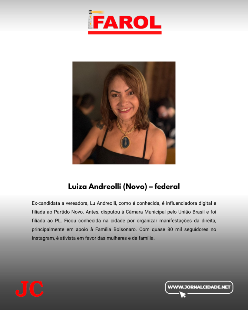Ex-candidata a vereadora, Lu Andreolli, como é conhecida, é influenciadora digital e filiada ao Partido Novo. Antes, disputou à Câmara Municipal pelo União Brasil e foi filiada ao PL. Ficou conhecida na cidade por organizar manifestações da direita, principalmente em apoio à Família Bolsonaro. Com quase 80 mil seguidores no Instagram, é ativista em favor das mulheres e da família. Recentemente, “viralizou” na página do jornalista Luiz Bacci ao criticar petistas.
