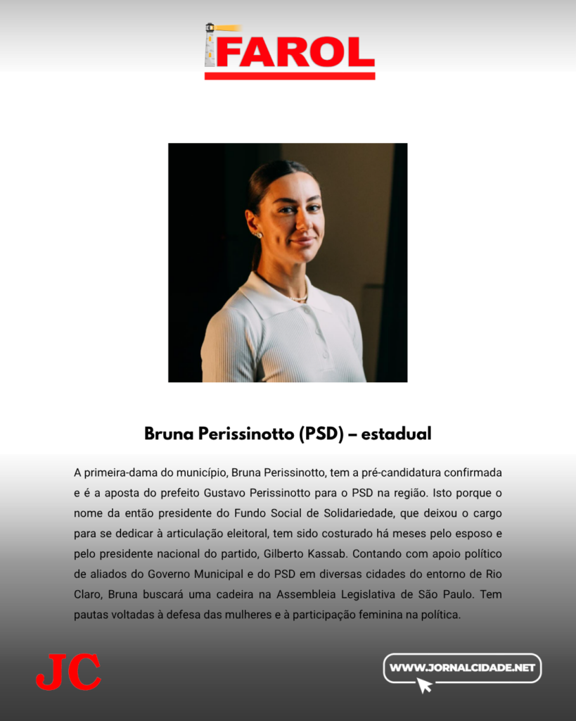 A primeira-dama do município, Bruna Perissinotto, é a aposta do prefeito Gustavo Perissinotto para o PSD na região. Isto porque o nome da então presidente do Fundo Social de Solidariedade, que deixou o cargo para se dedicar à articulação eleitoral, tem sido costurado há meses pelo esposo e pelo presidente nacional do partido, Gilberto Kassab. Contando com apoio político de aliados do Governo Municipal e do PSD em diversas cidades do entorno de Rio Claro, Bruna buscará uma cadeira na Assembleia Legislativa de São Paulo. Tem pautas voltadas à defesa das mulheres e à participação feminina na política.