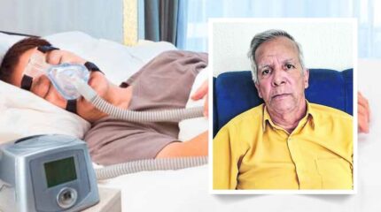 Florisvaldo Aparecido França (em destaque) sofre de uma forma grave da apneia do sono. O CPAP é dispositivo médico (imagem ilustrativa) que envia um fluxo constante de ar pressurizado para as vias aéreas por meio de uma máscara, impedindo que os tecidos da garganta colapsem e obstruam a respiração durante a noite