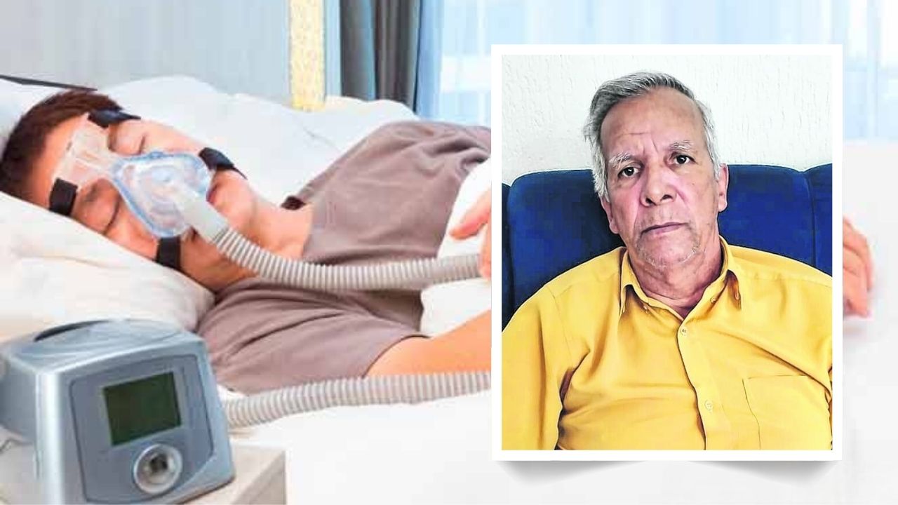 Florisvaldo Aparecido França (em destaque) sofre de uma forma grave da apneia do sono. O CPAP é um dispositivo médico (imagem ilustrativa) que envia um fluxo constante de ar pressurizado para as vias aéreas por meio de uma máscara, impedindo que os tecidos da garganta colapsem e obstruam a respiração durante a noite