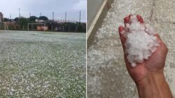 Foto 1: campo de futebol no Jardim das Palmeiras ficou repleto de pedras de gelo; Foto 2: registro de morador em Ipeúna