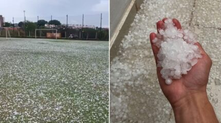 Foto 1: campo de futebol no Jardim das Palmeiras ficou repleto de pedras de gelo; Foto 2: registro de morador em Ipeúna