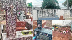 Fotos mostram as cruzes danificadas após furtos das imagens; a cerca de proteção foi parcialmente destruída