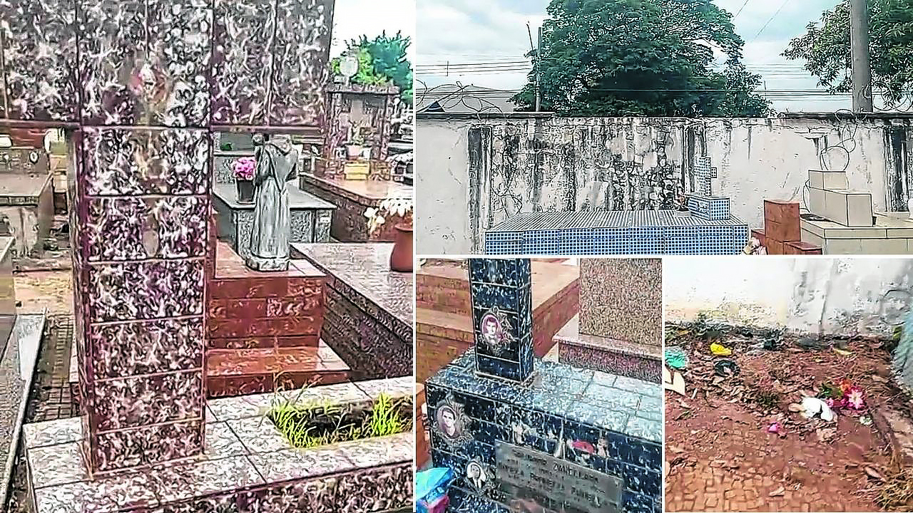 Fotos mostram as cruzes danificadas após furtos das imagens; a cerca de proteção foi parcialmente destruída