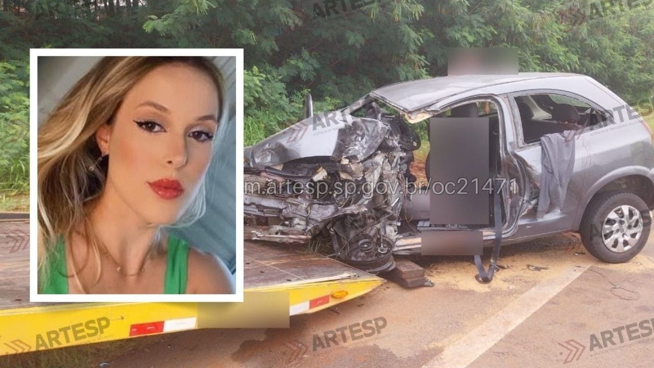 A estudante de enfermagem Paloma Novaes Binotto, de 22 anos, e o veículo envolvido no grave acidente na Rodovia SP-191, em Araras. Foto: Reprodução/Redes Sociais/Artesp/Monitoramento de Rodovia